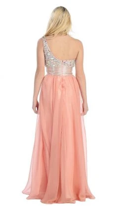 Formal Gowns May Queen - Jewel Embellished Asymmetrical Neck Chiffon Prom Dress