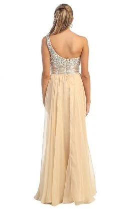 Formal Gowns May Queen - Jewel Embellished Asymmetrical Neck Chiffon Prom Dress