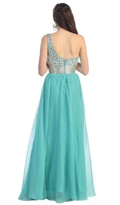 Formal Gowns May Queen - Jewel Embellished Asymmetrical Neck Chiffon Prom Dress