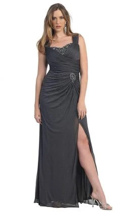 May Queen - Jeweled Ruched Sweetheart High Slit Prom Dress