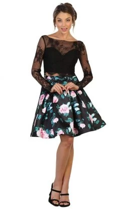 May Queen Lace And Floral Print Two-Piece Cocktail Dress - 1 Pc Black In Size 4 Available Cocktail Dresses