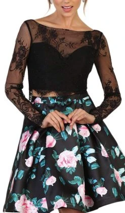 May Queen Lace And Floral Print Two-Piece Cocktail Dress - 1 Pc Black In Size 4 Available Cocktail Dresses