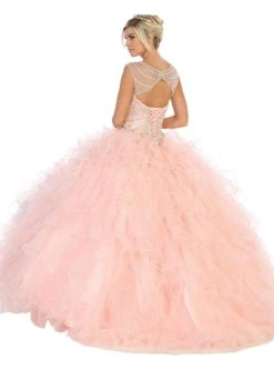 May Queen - LK124 Cap Sleeve Crystal Ornate Ruffled Ballgown