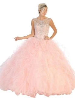 May Queen - LK124 Cap Sleeve Crystal Ornate Ruffled Ballgown