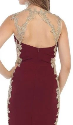 May Queen - MQ-1297 Gilt Lace Ornate Trumpet High Slit Prom Gown