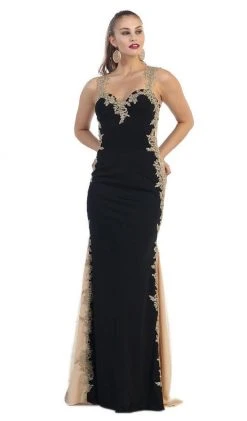 May Queen - MQ-1297 Gilt Lace Ornate Trumpet High Slit Prom Gown
