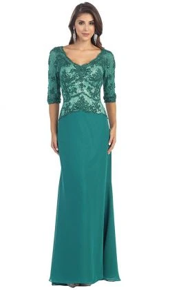 May Queen - MQ1114 Lace Bodice Quarter Sleeve A-Line Evening Dress Formal Gowns