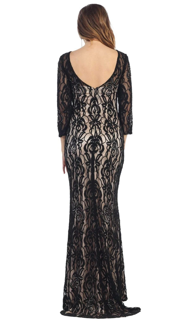May Queen - MQ1254 Overlaid Lace V-Neck Sheath Evening Gown 8 May Queen - MQ1254 Overlaid Lace V-Neck Sheath Evening Gown