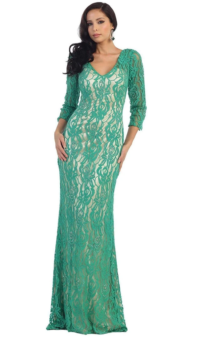 May Queen - MQ1254 Overlaid Lace V-Neck Sheath Evening Gown 3 May Queen - MQ1254 Overlaid Lace V-Neck Sheath Evening Gown