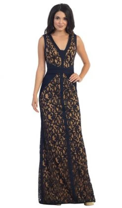 May Queen - MQ1270 Sleeveless V-Neck Lace Evening Gown Formal Gowns