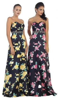 May Queen - MQ1403 Strapless Floral Print Evening Gown 14 May Queen - MQ1403 Strapless Floral Print Evening Gown