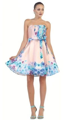 Cocktail Dresses May Queen - MQ1408 Strapless Pleated Floral Cocktail Dress