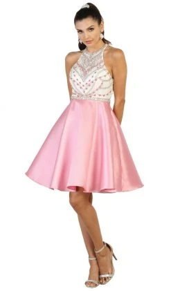 May Queen - MQ1492 High Halter Neck Bejeweled Cocktail Dress