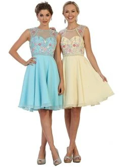 Cocktail Dresses May Queen - MQ1535 Floral Detailed Illusion Jewel A-line Cocktail Dress