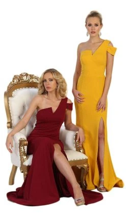 May Queen - MQ1572 Fitted One Shoulder Strap Evening Dress With Slit