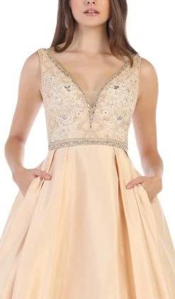 May Queen - MQ1581 Beaded Embroidered Plunging Ballgown Formal Gowns