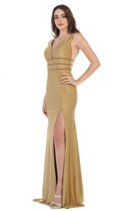 May Queen - MQ1582 Plunging Beaded Tri-Band High Slit Gown Formal Gowns