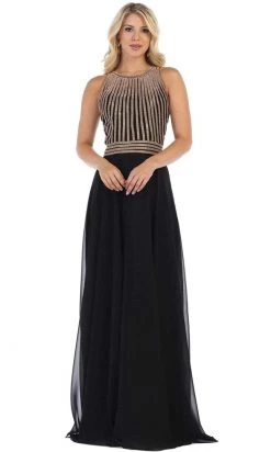 May Queen - MQ1586 Stripe Beaded Illusion Jewel Chiffon Gown Formal Gowns