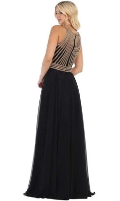 May Queen - MQ1586 Stripe Beaded Illusion Jewel Chiffon Gown Formal Gowns