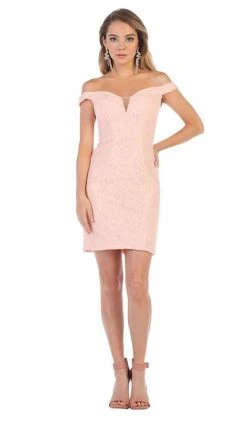 May Queen - MQ1597 Lace Deep Off-Shoulder Sheath Dress Cocktail Dresses