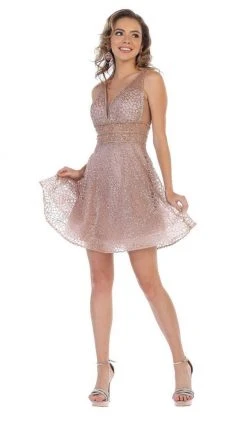 May Queen - MQ1653 Glitter Mesh Sleeveless V Neckline Cocktail Dress Cocktail Dresses