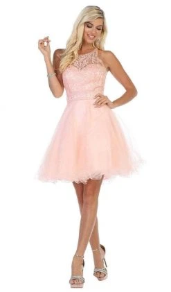 Cocktail Dresses May Queen - MQ1658 Lace Sheer Neck Short Dress - 2 Pcs Blush In Size 6 And 10 Available