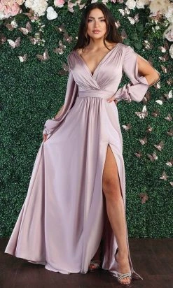 May Queen - MQ1857 Long Bishop Sleeve Ruched Bodice Evening Dress - 1 Pc Mauve In Size 16 Available