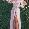 May Queen - MQ1857 Long Bishop Sleeve Ruched Bodice Evening Dress - 1 Pc Mauve In Size 16 Available