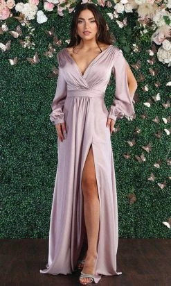 May Queen - MQ1857 Long Bishop Sleeve Ruched Bodice Evening Dress - 1 Pc Mauve In Size 16 Available