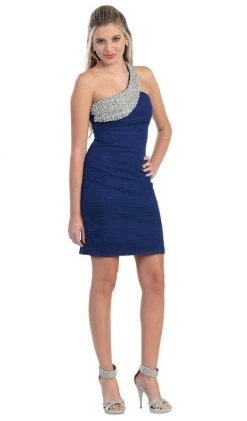 Cocktail Dresses May Queen - MQ812 Asymmetrical Crystal Beaded Cross Over Prom Dress