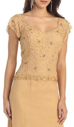 Formal Gowns May Queen - MQ993 Cap Sleeve Beaded Lace Bodice Long Evening Dress