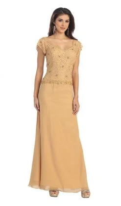 Formal Gowns May Queen - MQ993 Cap Sleeve Beaded Lace Bodice Long Evening Dress