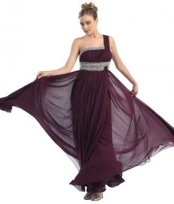 May Queen - One Shoulder Strap Bejeweled Chiffon Dress MQ748 Formal Gowns
