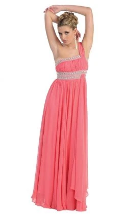 May Queen - One Shoulder Strap Bejeweled Chiffon Dress MQ748 Formal Gowns