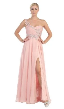 May Queen - One Shoulder Strap Sequined Formal Dress With High Front Slit Formal Gowns