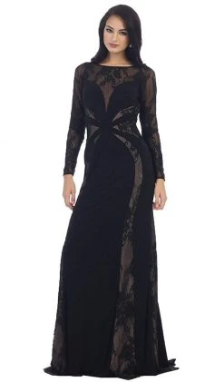 May Queen - Paneled Sheer Lace Sheath Long Evening Gown