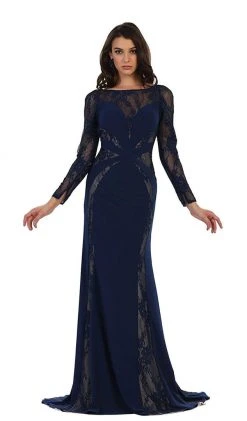 May Queen - Paneled Sheer Lace Sheath Long Evening Gown