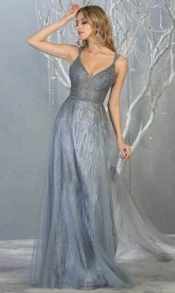 May Queen - Plunging V-Neck A-Line Gown MQ1735 - 1 Pc Dusty Blue In Size 6 Available
