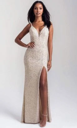Madison James - Plunging V-Neck Fitted Bodice Sheath Dress 20-367 - 1 Pc Champagne In Size Available