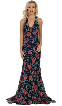 May Queen - Plunging V-neck Floral Sheath Evening Gown Formal Gowns