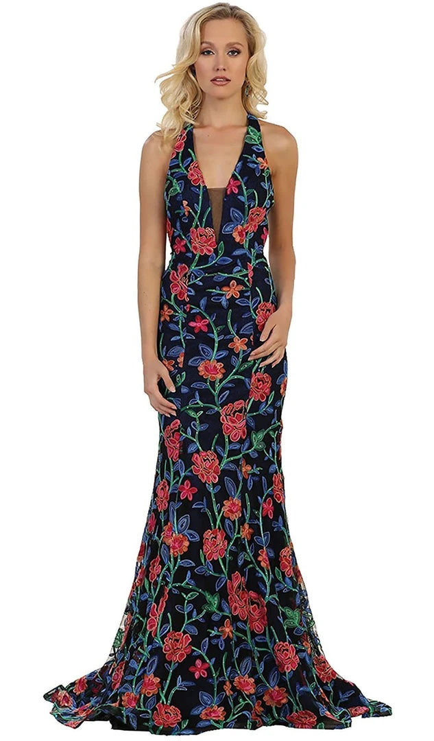 May Queen - Plunging V-neck Floral Sheath Evening Gown Formal Gowns 3 May Queen - Plunging V-neck Floral Sheath Evening Gown Formal Gowns
