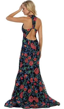 May Queen - Plunging V-neck Floral Sheath Evening Gown Formal Gowns 8 May Queen - Plunging V-neck Floral Sheath Evening Gown Formal Gowns