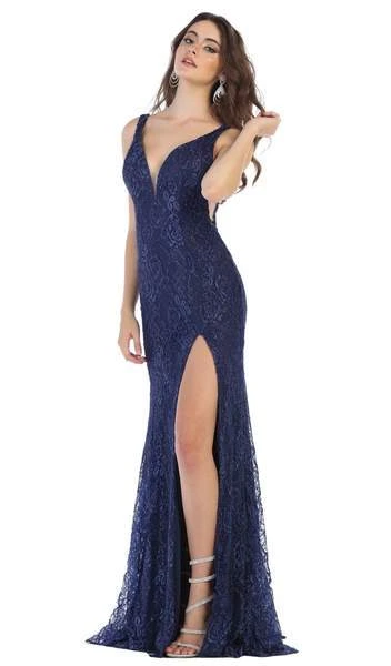 May Queen - Plunging V-Neck High Slit Lace Gown MQ1624 - 1 Pc Navy In Size 2 Available Formal Gowns 3 May Queen - Plunging V-Neck High Slit Lace Gown MQ1624 - 1 Pc Navy In Size 2 Available Formal Gowns