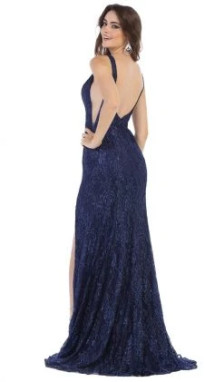 May Queen - Plunging V-Neck High Slit Lace Gown MQ1624 - 1 Pc Navy In Size 2 Available Formal Gowns 8 May Queen - Plunging V-Neck High Slit Lace Gown MQ1624 - 1 Pc Navy In Size 2 Available Formal Gowns