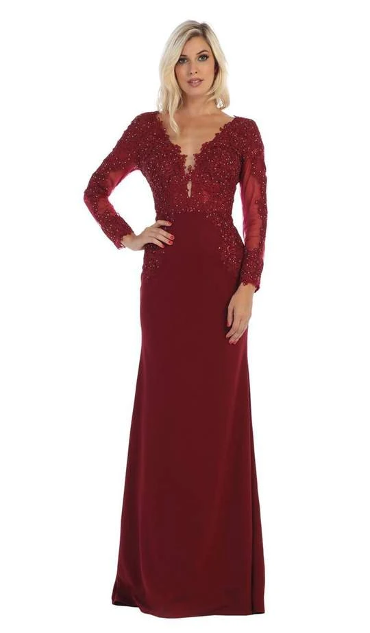 May Queen - Plunging V Neck Long Sleeves Dress MQ1630 - 1 Pc Burgundy In Size 10 Available Formal Gowns 3 May Queen - Plunging V Neck Long Sleeves Dress MQ1630 - 1 Pc Burgundy In Size 10 Available Formal Gowns
