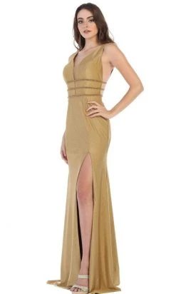 Formal Gowns May Queen - Plunging V-Neck Sleeveless Trumpet Evening Dress MQ1582 - 1 Pc Gold In Size 6 Available