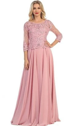 May Queen - Quarter Sleeve Lacy Chiffon Evening Gown MQ1279 - 1 Pc Dusty Rose In Size M Available