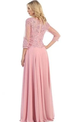 May Queen - Quarter Sleeve Lacy Chiffon Evening Gown MQ1279 - 1 Pc Dusty Rose In Size M Available