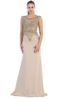 May Queen - RQ-7437 Embellished Illusion Jewel Sheath Evening Dress