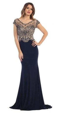 May Queen RQ7310 Illusion Embellished Bodice With Cap Sleeve Sheath Dress - 1 Pc Black In Size 6 Available